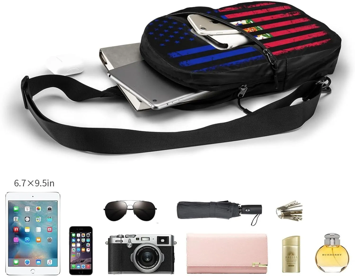 Haitian American Flag Haitian Roots Packable Crossbody Bag Portable Sling Bags Foldable Travel Daypack Reusable Sports Shoulder Backpack Diagonally Chest Bag for Workout