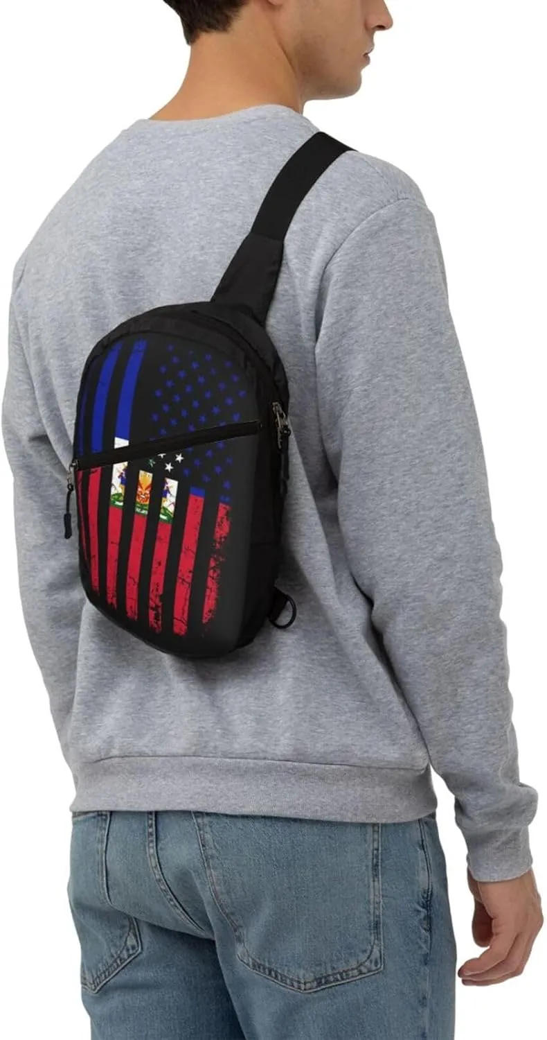 Haitian American Flag Haitian Roots Packable Crossbody Bag Portable Sling Bags Foldable Travel Daypack Reusable Sports Shoulder Backpack Diagonally Chest Bag for Workout