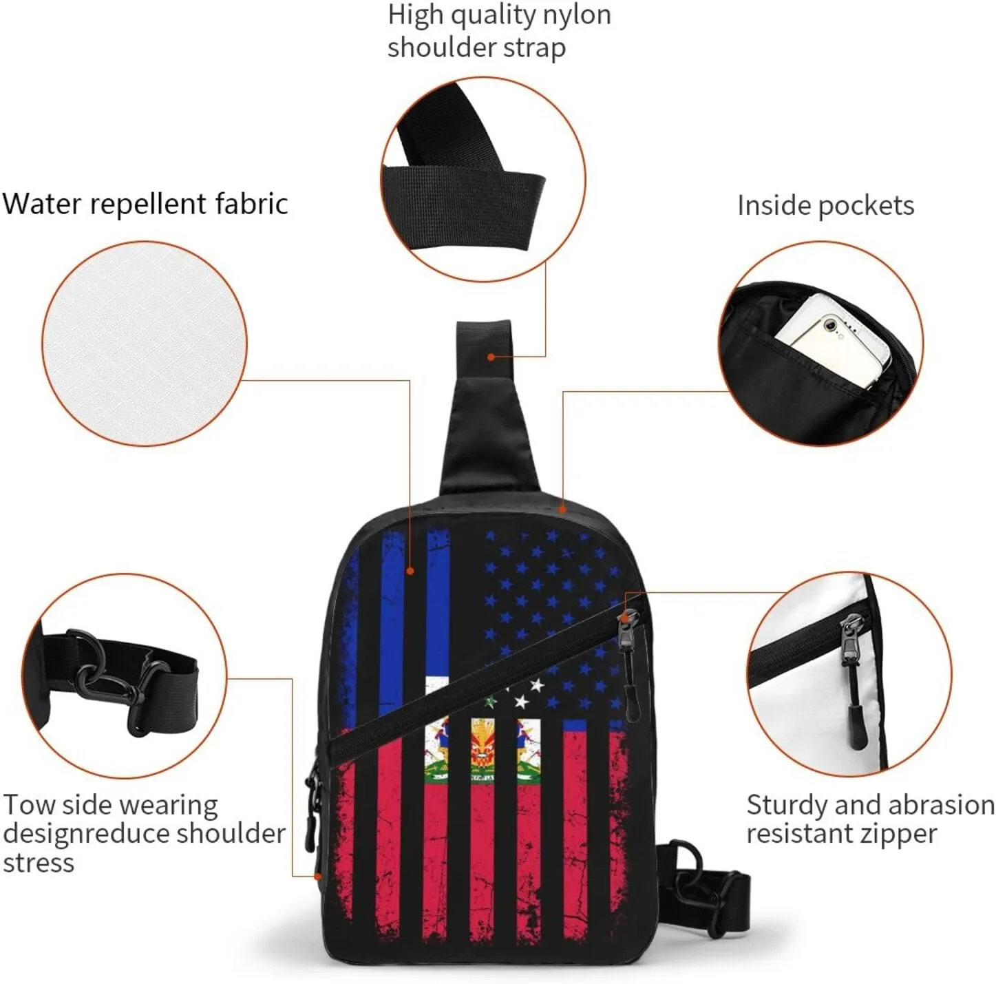 Haitian American Flag Haitian Roots Packable Crossbody Bag Portable Sling Bags Foldable Travel Daypack Reusable Sports Shoulder Backpack Diagonally Chest Bag for Workout