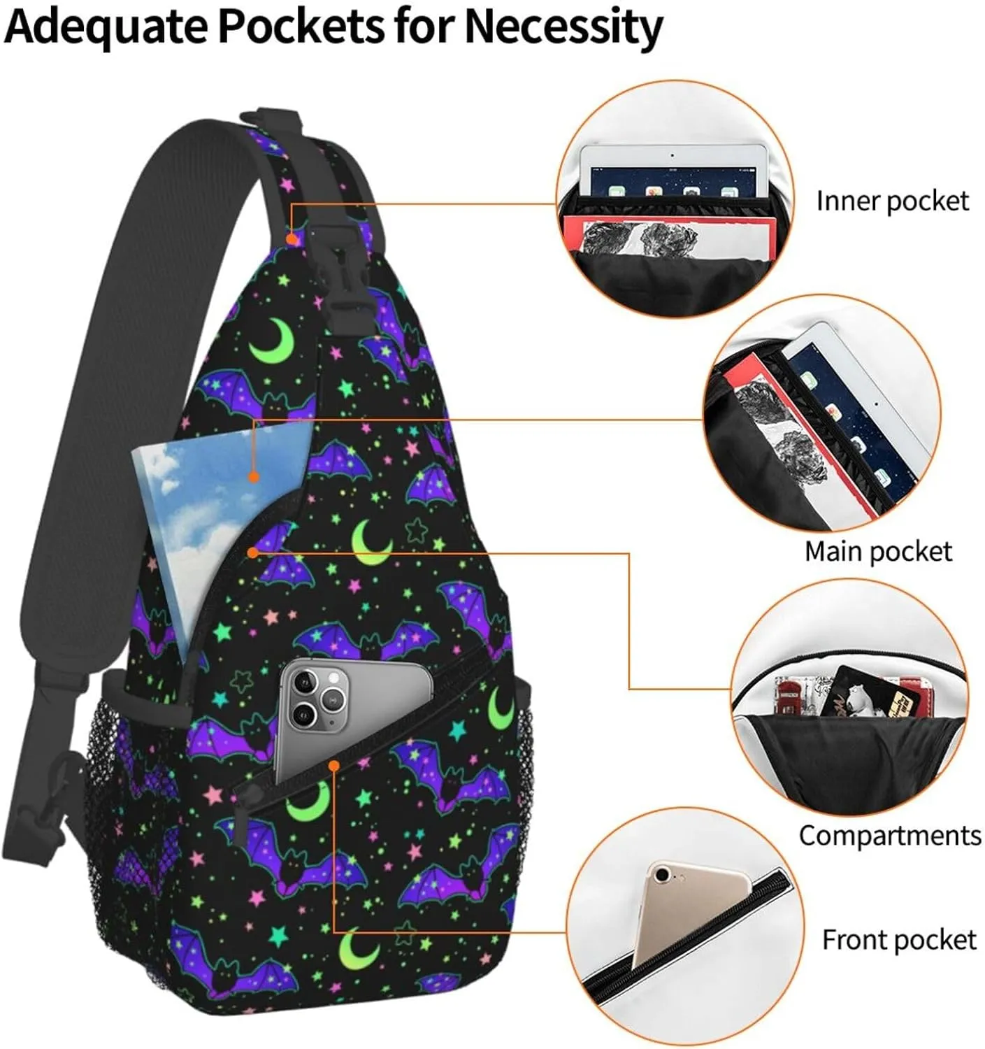 Halloween Bright Bats Crossbody Sling Bag For Women Men Cute Chest Bag Shoulder Bag Sling Backpack Casual Sport Daypack For Travel Hiking
