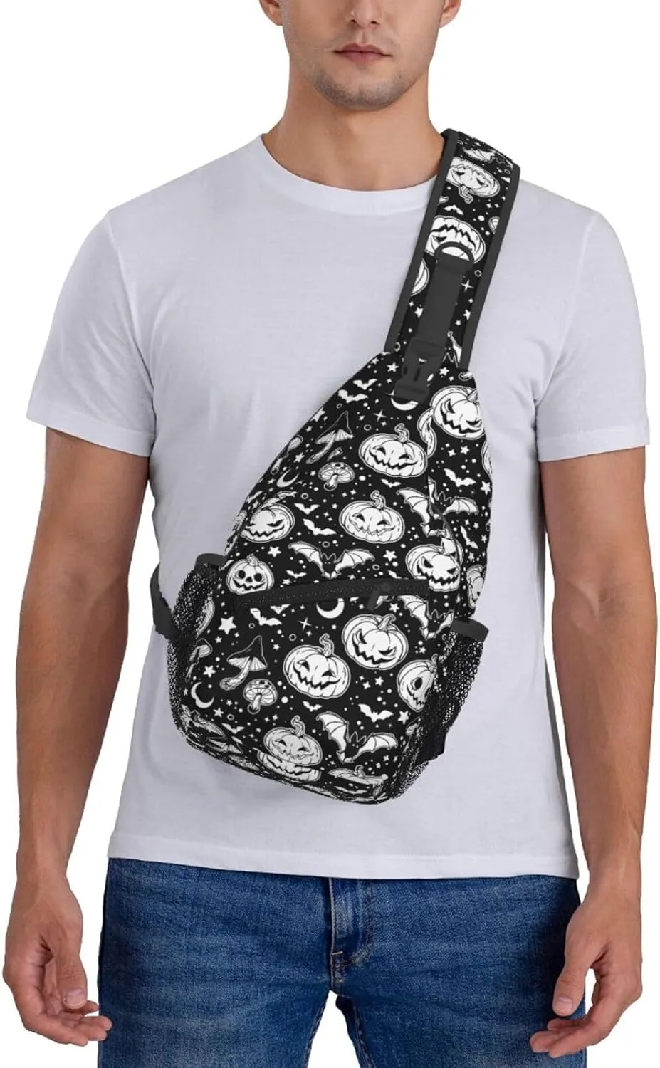 Halloween Crossbody Sling Bag For Women Men Halloween Pumpkins And Bats Chest Bag Adjustable Shoulder Bag Sling Backpack Casual Daypack
