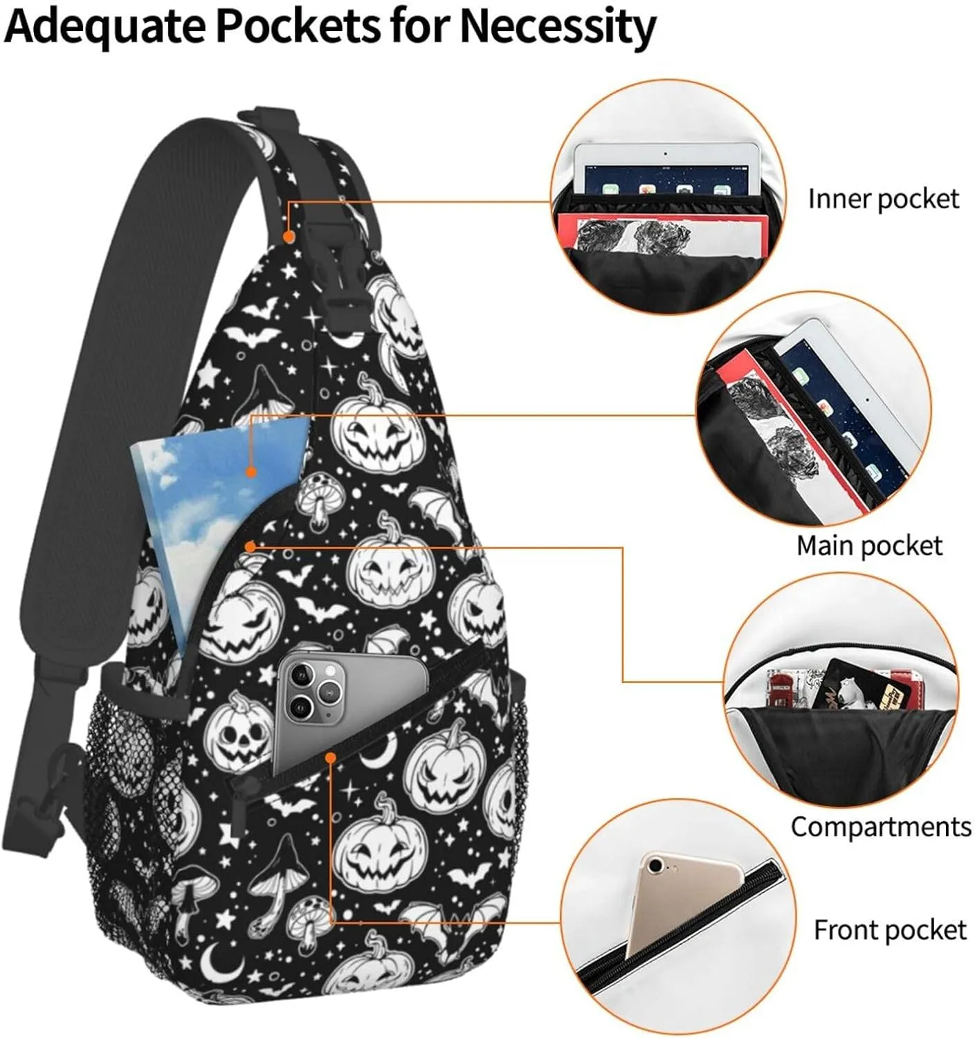 Halloween Crossbody Sling Bag For Women Men Halloween Pumpkins And Bats Chest Bag Adjustable Shoulder Bag Sling Backpack Casual Daypack