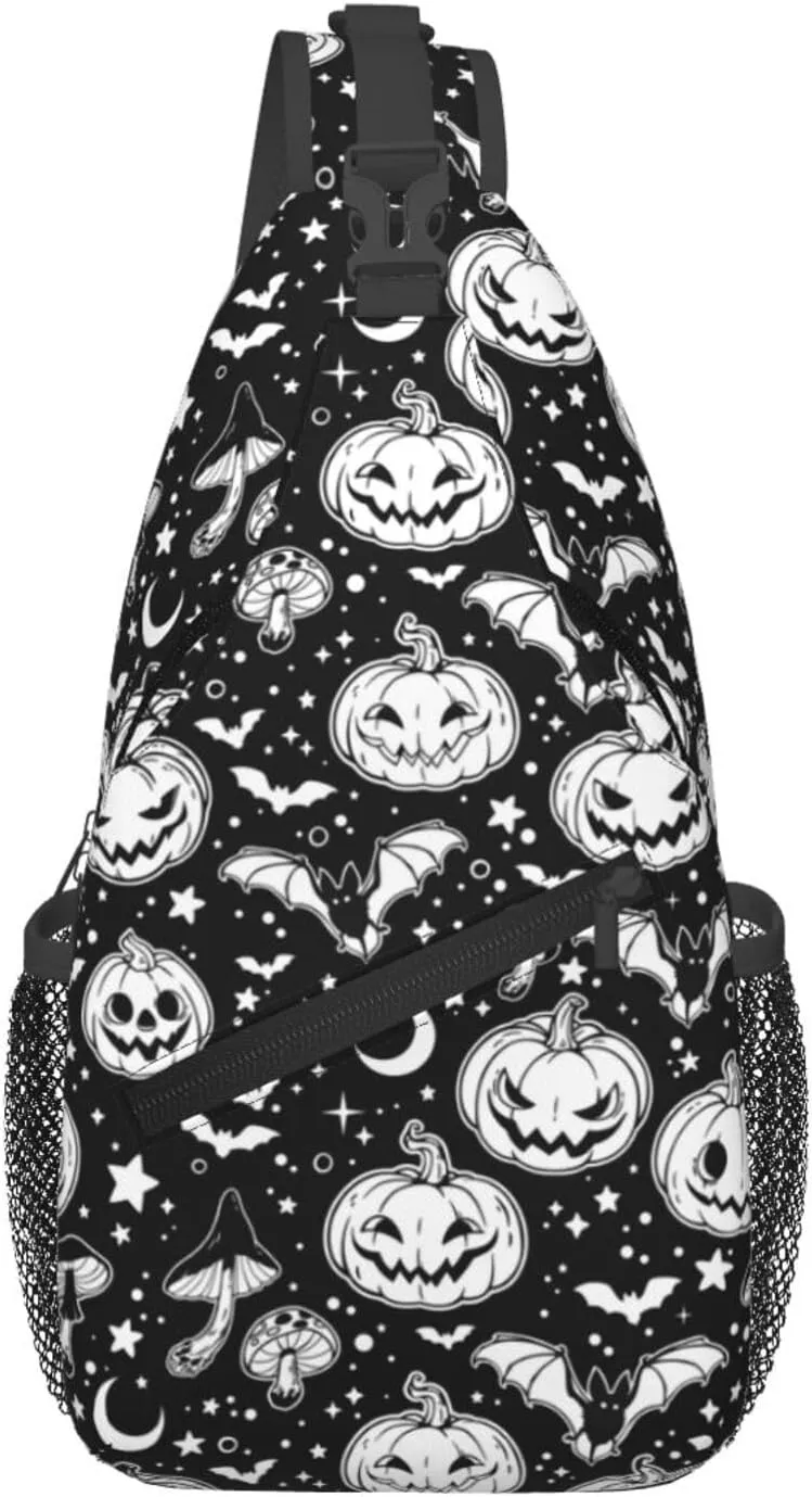 Halloween Crossbody Sling Bag For Women Men Halloween Pumpkins And Bats Chest Bag Adjustable Shoulder Bag Sling Backpack Casual Daypack