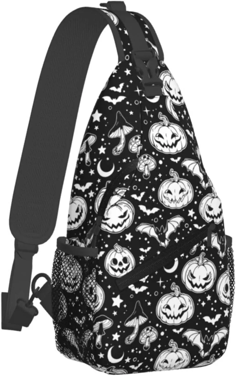 Halloween Crossbody Sling Bag For Women Men Halloween Pumpkins And Bats Chest Bag Adjustable Shoulder Bag Sling Backpack Casual Daypack