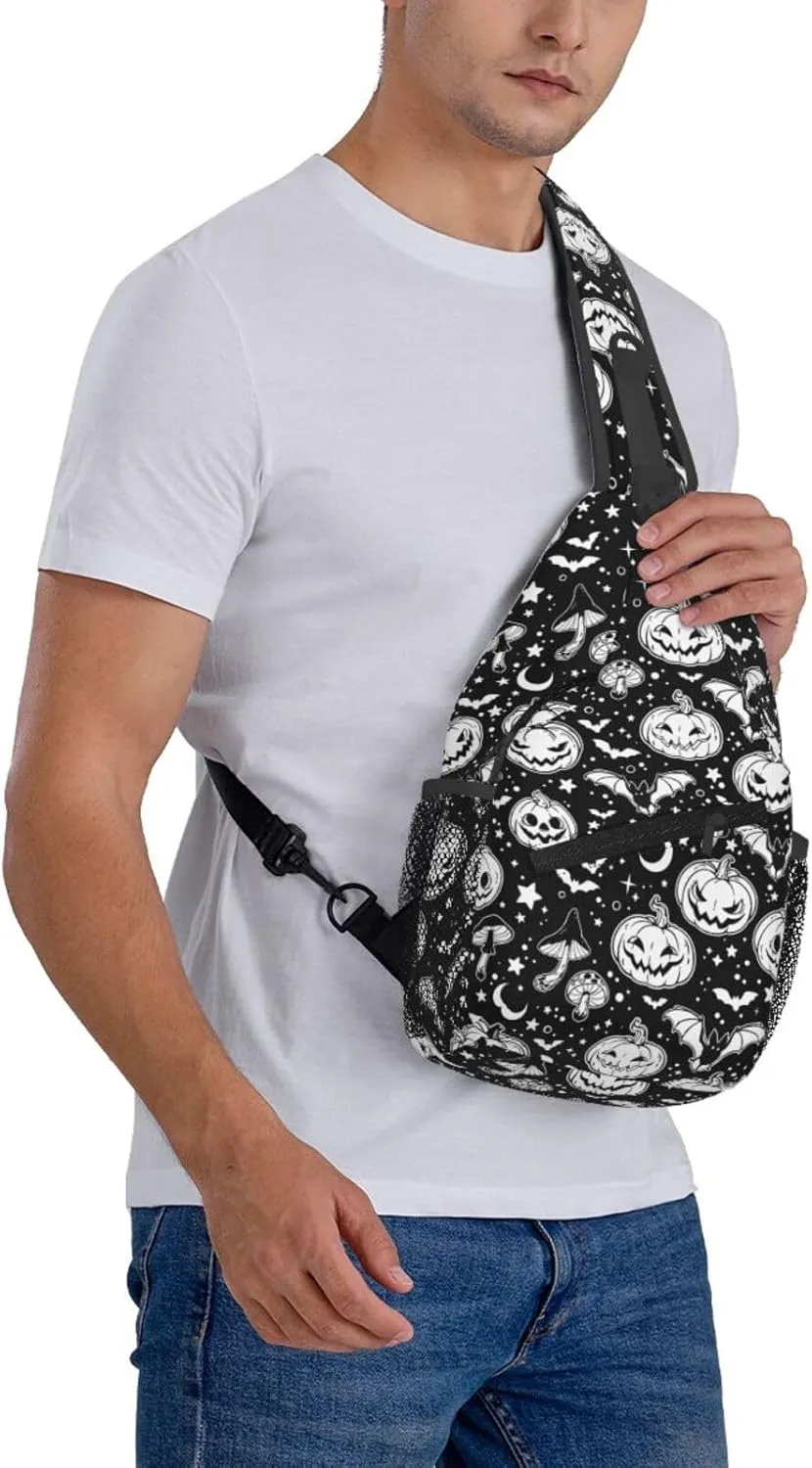 Halloween Crossbody Sling Bag For Women Men Halloween Pumpkins And Bats Chest Bag Adjustable Shoulder Bag Sling Backpack Casual Daypack