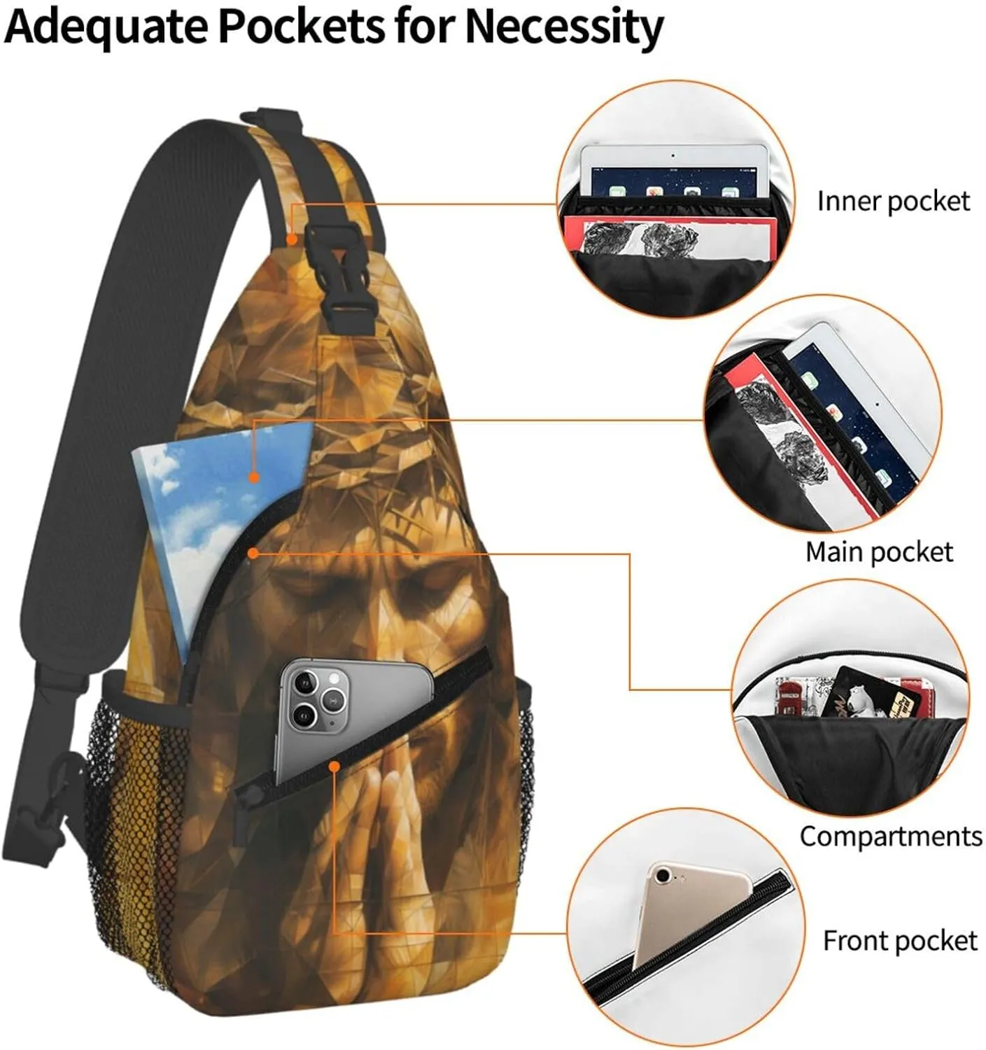 Hands Praying Jesus Sling Bag For Men Crossbody Backpack,Women Shoulder Bag For Travel Sport