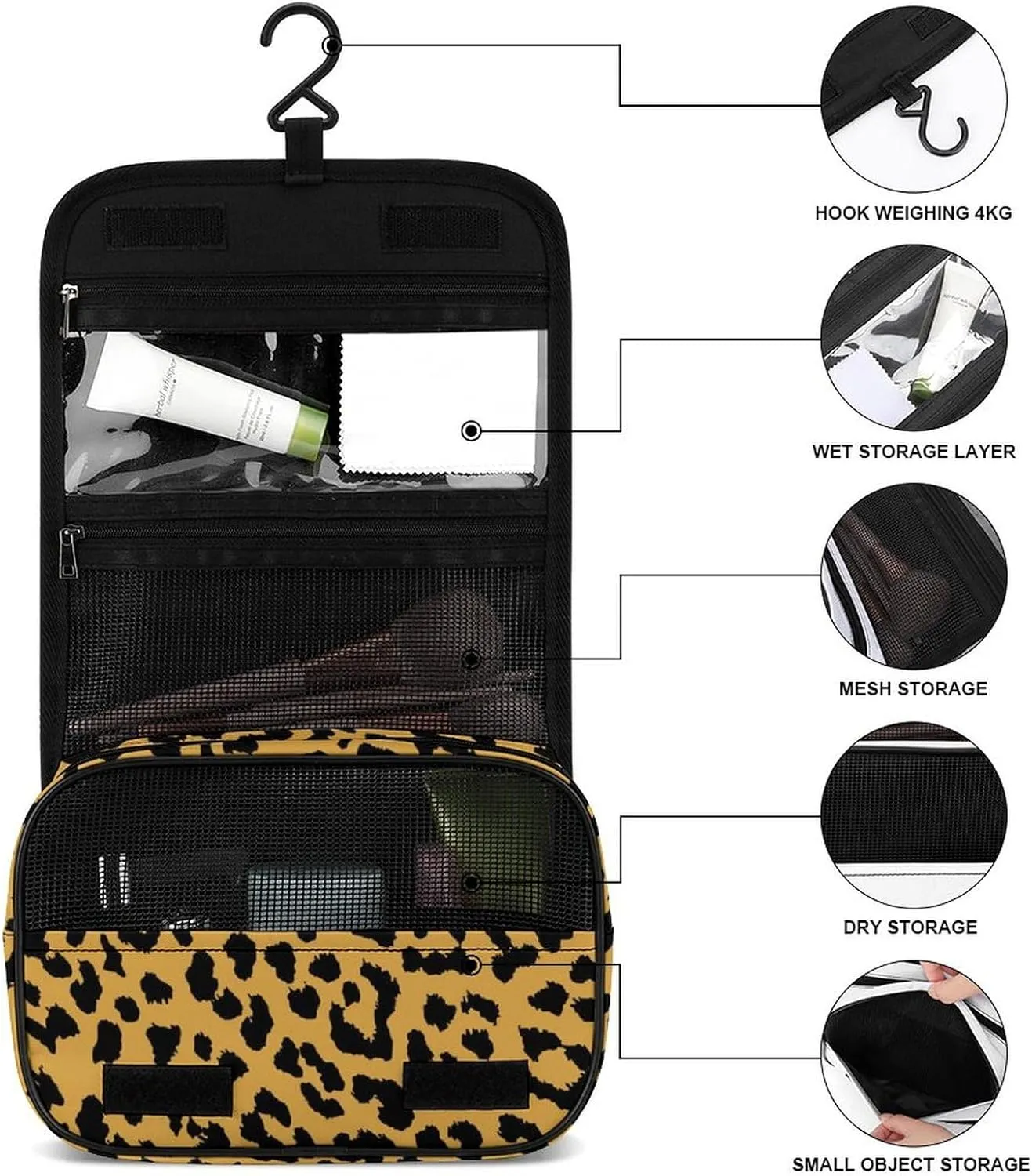 Hanging Toiletry Bag for Travel, Wild Animal Cheetah Leopard Print Yellow Large Capacity Waterproof Cosmetic Bag, Portable Makeup Pouch Organizer for Bathroom Shower