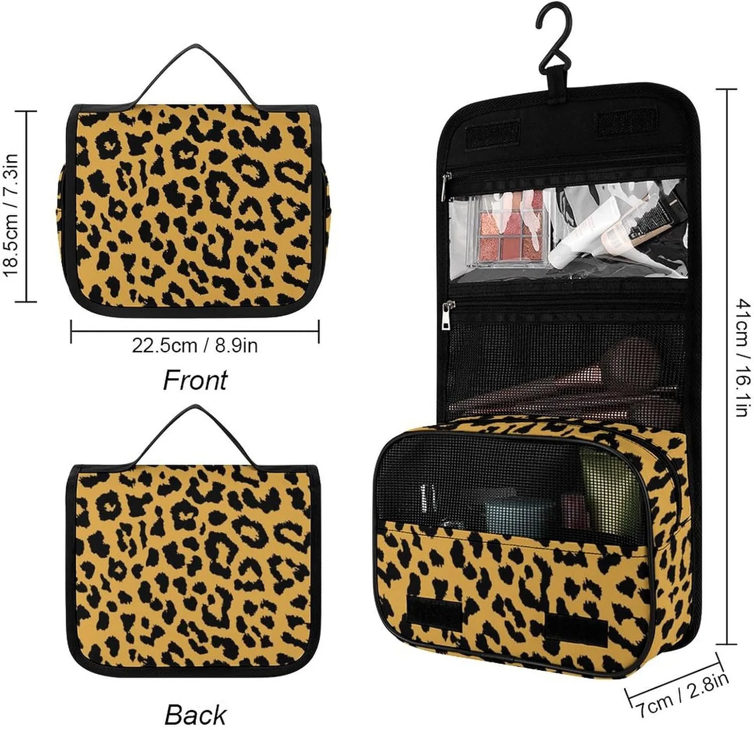 Hanging Toiletry Bag for Travel, Wild Animal Cheetah Leopard Print Yellow Large Capacity Waterproof Cosmetic Bag, Portable Makeup Pouch Organizer for Bathroom Shower