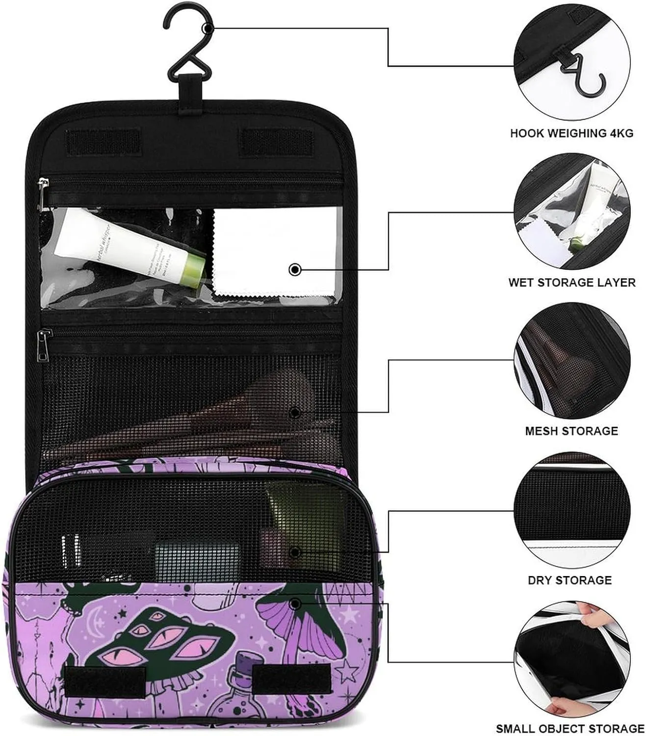 Hanging Toiletry Bag Large Capacity Hanging Wash Bag, Witch Witchcraft Goth Skull Mushroom Waterproof Travel Cosmetic Bag, Portable Makeup Bag Organizer for Women Men