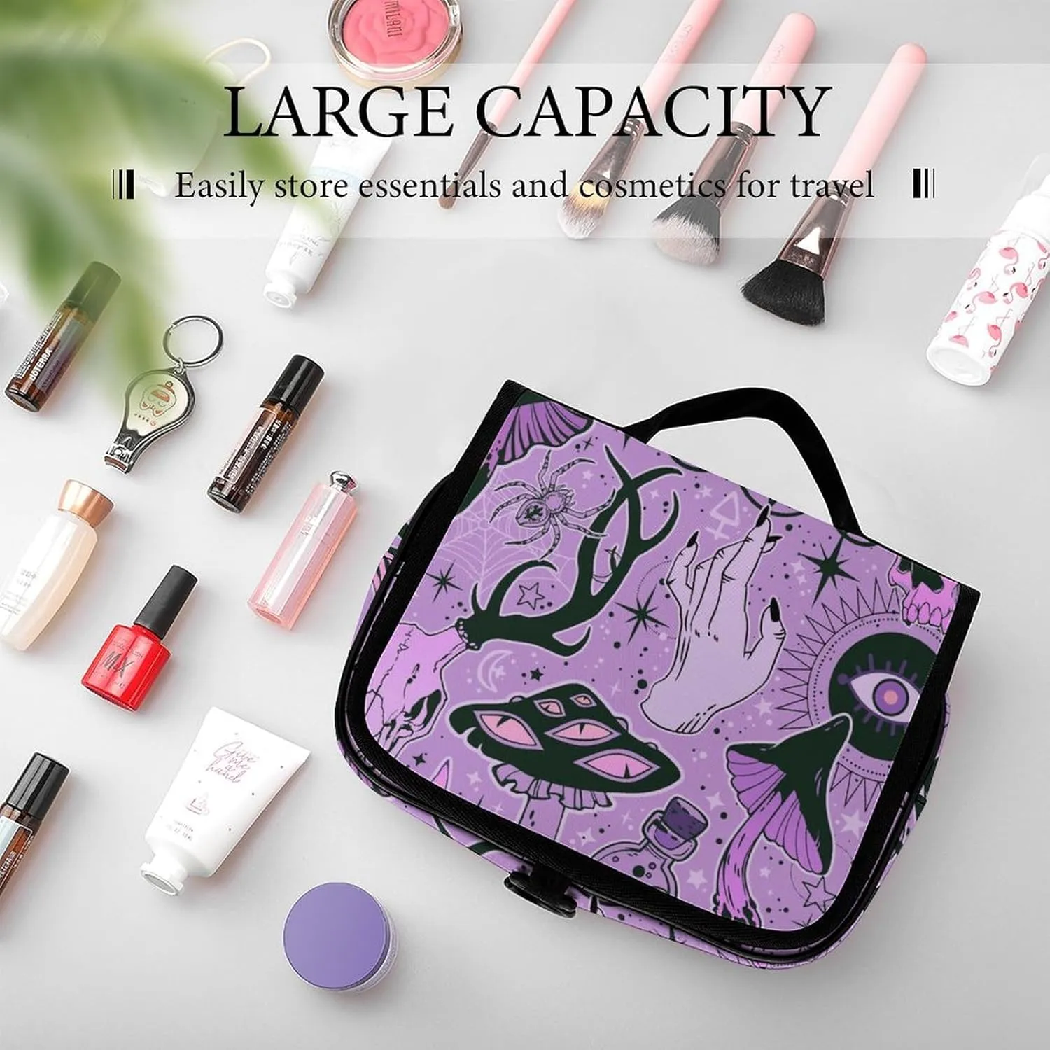 Hanging Toiletry Bag Large Capacity Hanging Wash Bag, Witch Witchcraft Goth Skull Mushroom Waterproof Travel Cosmetic Bag, Portable Makeup Bag Organizer for Women Men