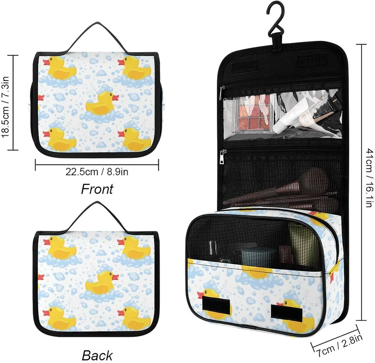 Hanging Travel Toiletry Bag, Cute Funny Cartoon Yellow Rubber Ducks Bubbles Waterproof Cosmetic Case, Portable Large Makeup Bag Organizer for Women Men
