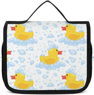 Hanging Travel Toiletry Bag, Cute Funny Cartoon Yellow Rubber Ducks Bubbles Waterproof Cosmetic Case, Portable Large Makeup Bag Organizer for Women Men