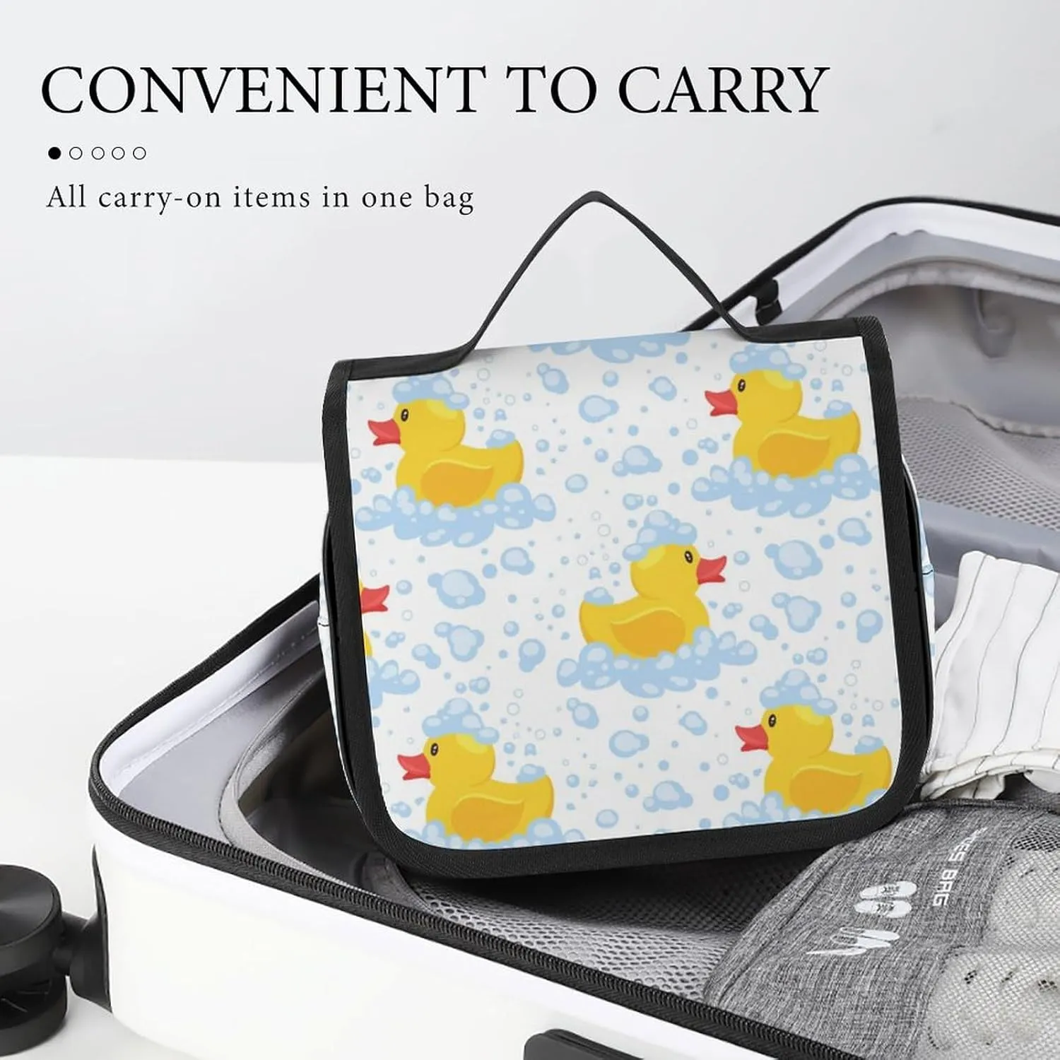 Hanging Travel Toiletry Bag, Cute Funny Cartoon Yellow Rubber Ducks Bubbles Waterproof Cosmetic Case, Portable Large Makeup Bag Organizer for Women Men