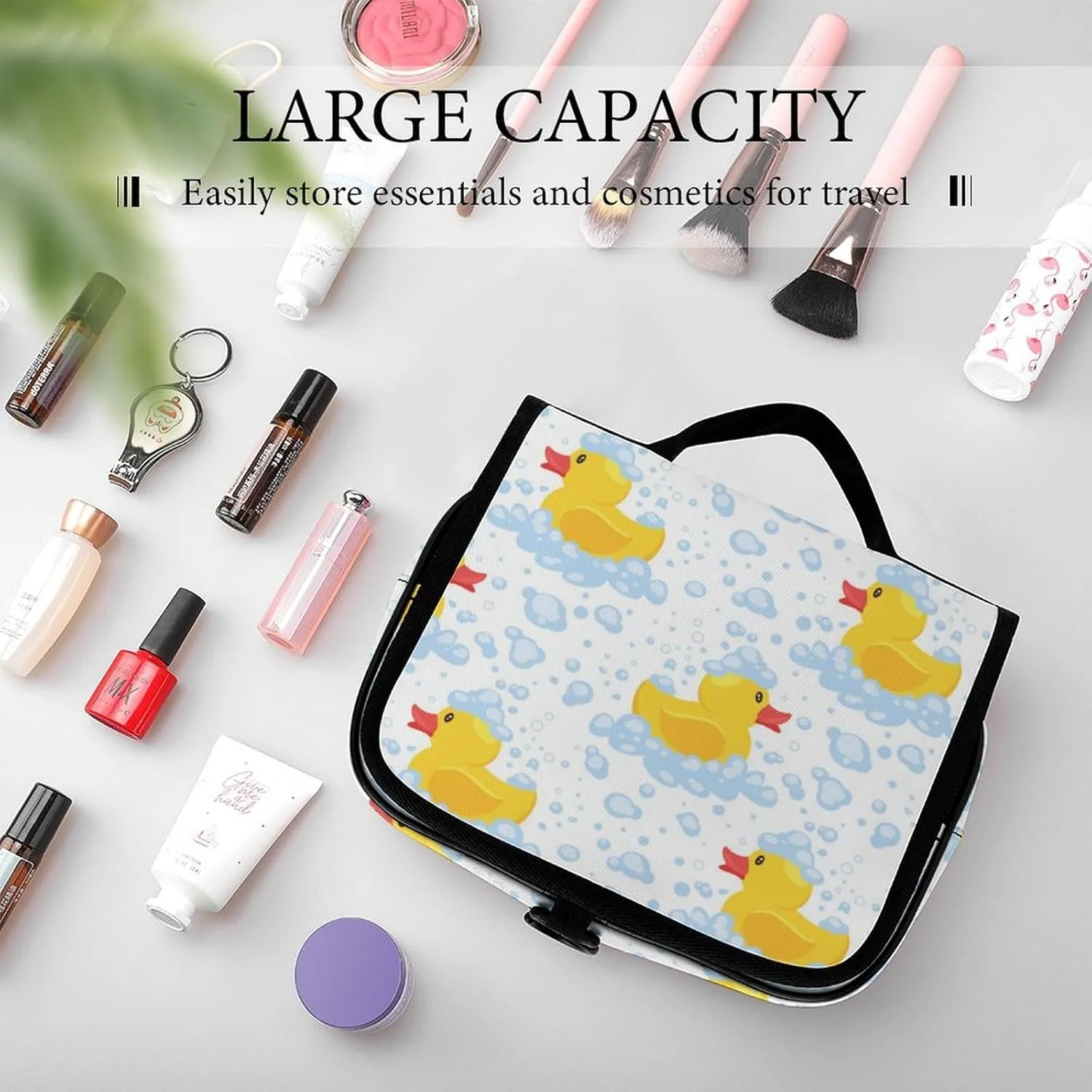 Hanging Travel Toiletry Bag, Cute Funny Cartoon Yellow Rubber Ducks Bubbles Waterproof Cosmetic Case, Portable Large Makeup Bag Organizer for Women Men