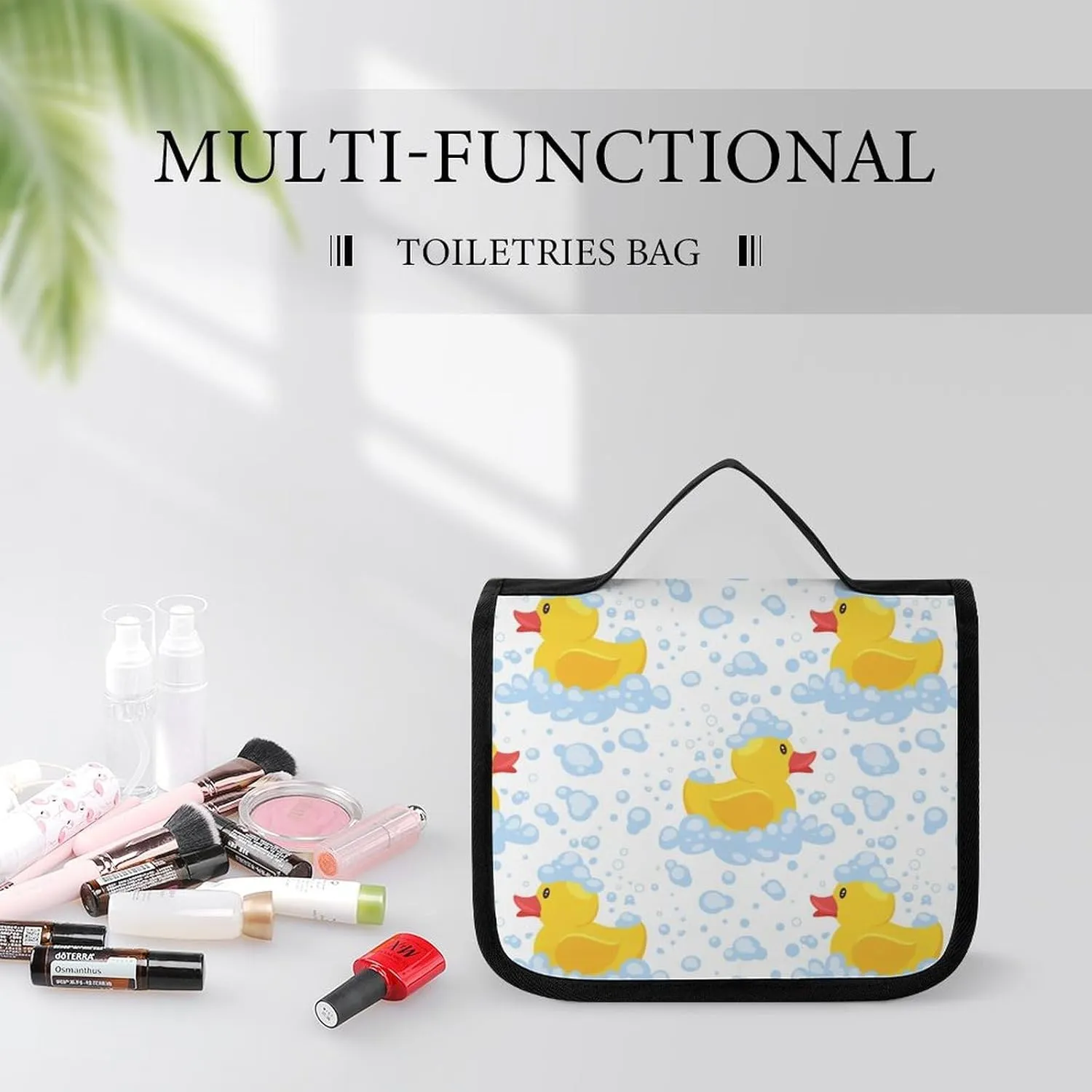 Hanging Travel Toiletry Bag, Cute Funny Cartoon Yellow Rubber Ducks Bubbles Waterproof Cosmetic Case, Portable Large Makeup Bag Organizer for Women Men