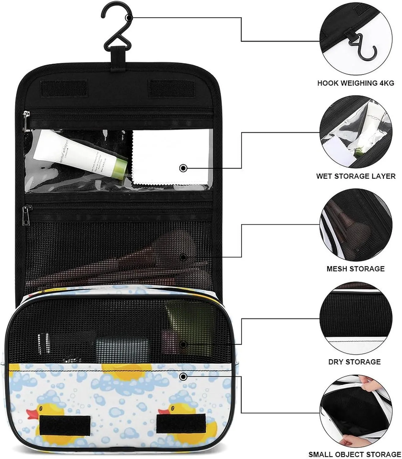 Hanging Travel Toiletry Bag, Cute Funny Cartoon Yellow Rubber Ducks Bubbles Waterproof Cosmetic Case, Portable Large Makeup Bag Organizer for Women Men