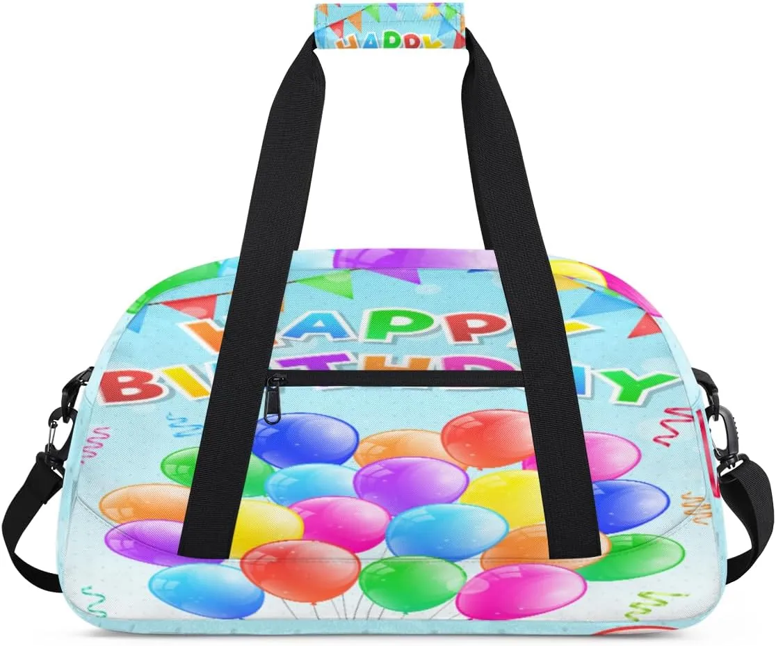 Happy Birthday Gym Duffel Bag for Men Women Colour Balloon Sports Tote Bag with Adjustable Shoulder Strap for Dance Gymnastics Traveling Outdoor Camping Overnight Stay