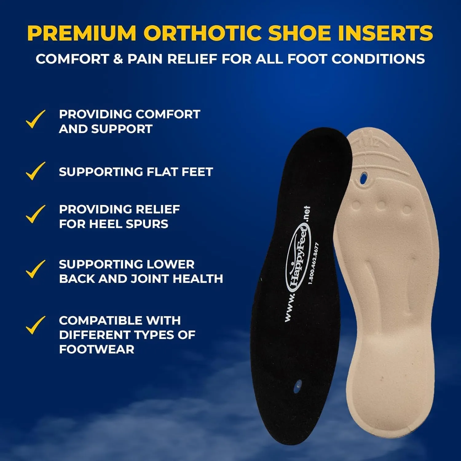 Happy Feet Plantar Fasciitis Flat Feet Orthotic Support Gel Insert Shoe Insoles for Men and Women