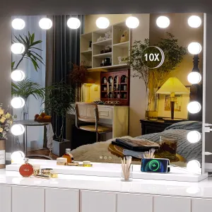 Hasipu Vanity Mirror with Lights, 31.5" x 23.6" Hollywood Mirror, Makeup Mirror with 17 Dimmable Bulbs and 10X Magnification, 3 Colors Modes, Touch Control, USB Charging Port, Type-C