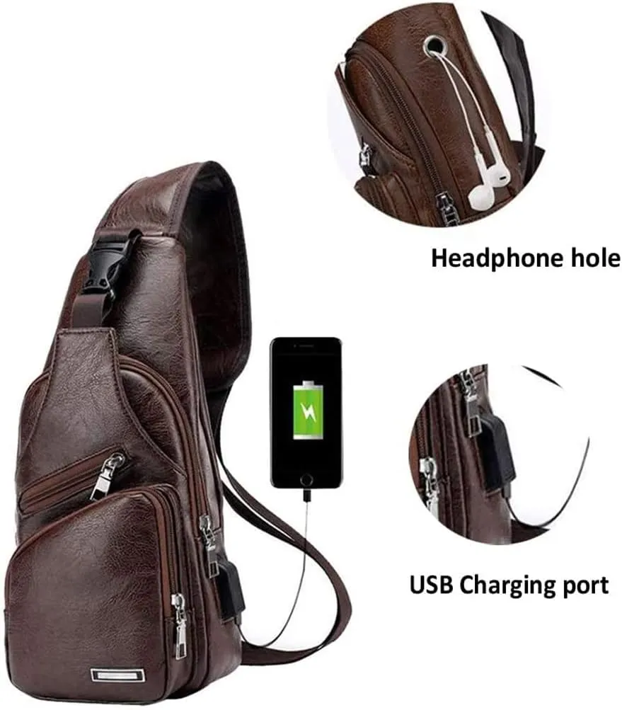 Hebetag Leather Sling Bag Crossbody Backpack for Men Women Travel Outdoor Camping