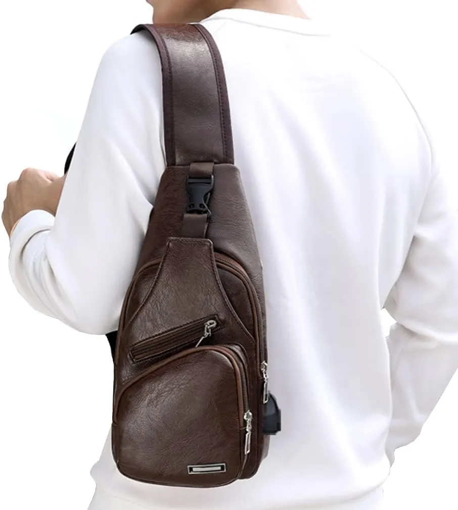 Hebetag Leather Sling Bag Crossbody Backpack for Men Women Travel Outdoor Camping