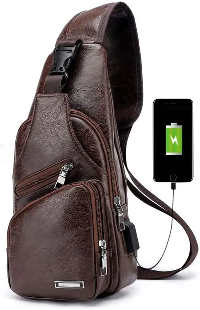 Hebetag Leather Sling Bag Crossbody Backpack for Men Women Travel Outdoor Camping