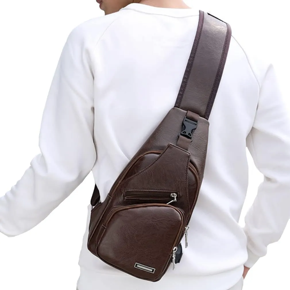 Hebetag Leather Sling Bag Crossbody Backpack for Men Women Travel Outdoor Camping