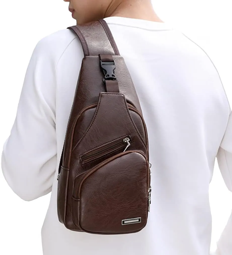 Hebetag Leather Sling Bag Crossbody Backpack for Men Women Travel Outdoor Camping