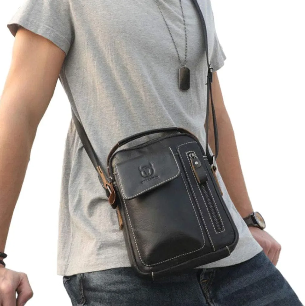 Hebetag Small Leather Shoulder Bag Crossbody Pack for Men Outdoor Travel Business