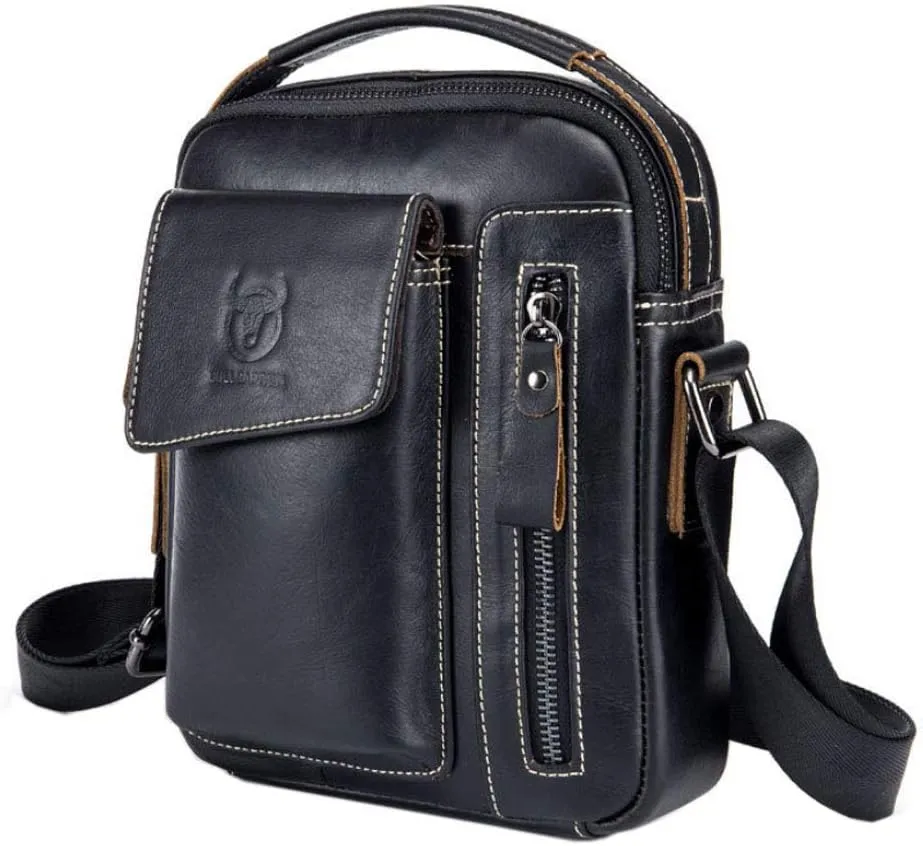 Hebetag Small Leather Shoulder Bag Crossbody Pack for Men Outdoor Travel Business