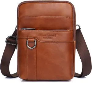 Hebetag Small Leather Sling Shoulder Bag Messenger Pack for Men Women Outdoor Travel Business