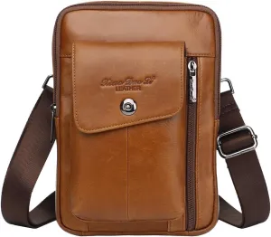 Hebetag Small Leather Sling Shoulder Bag Messenger Pack for Men Women Outdoor Travel Business