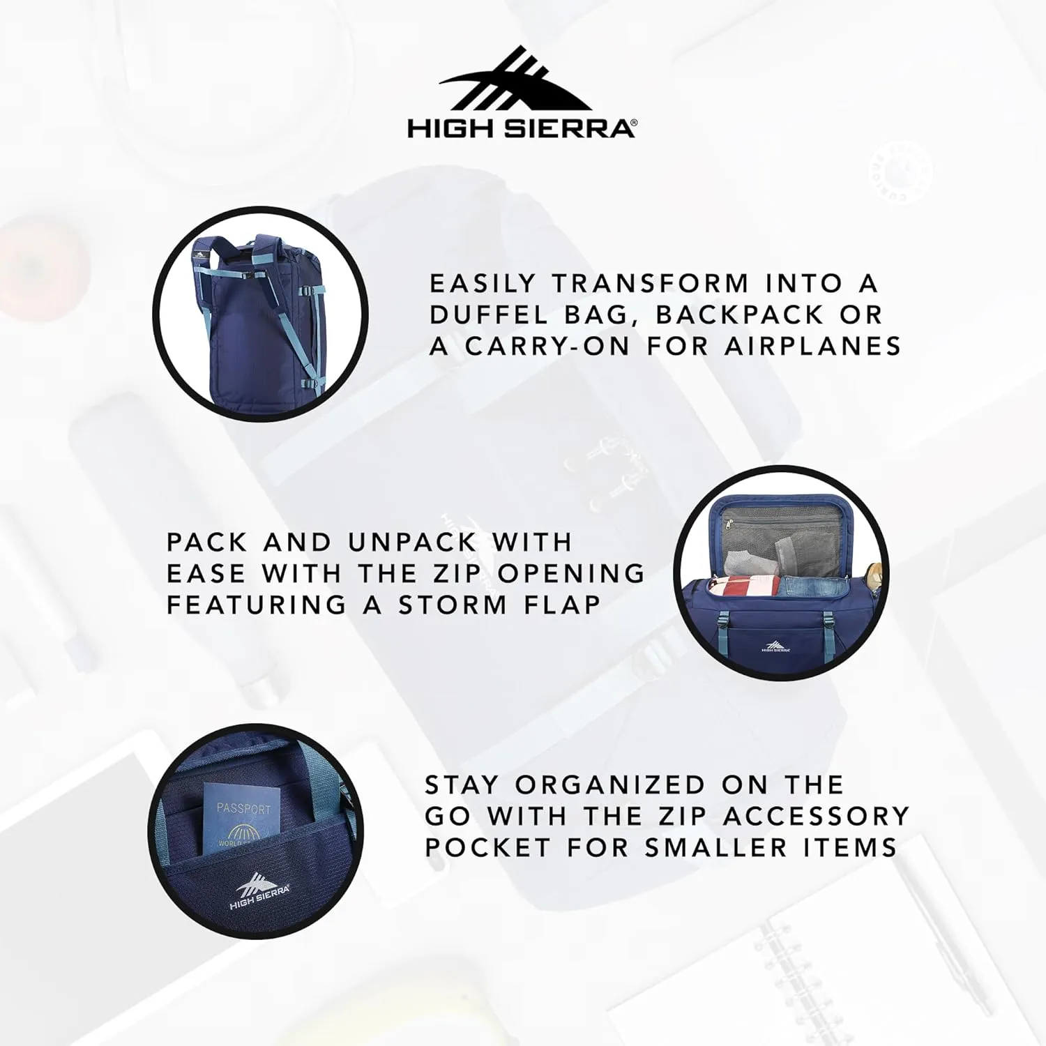 High Sierra Fairlead Travel Overnight Duffel Backpack Gym Bag with Padded Handles, Compression Straps, and Multiple Pockets, True Navy/Graphite Blue