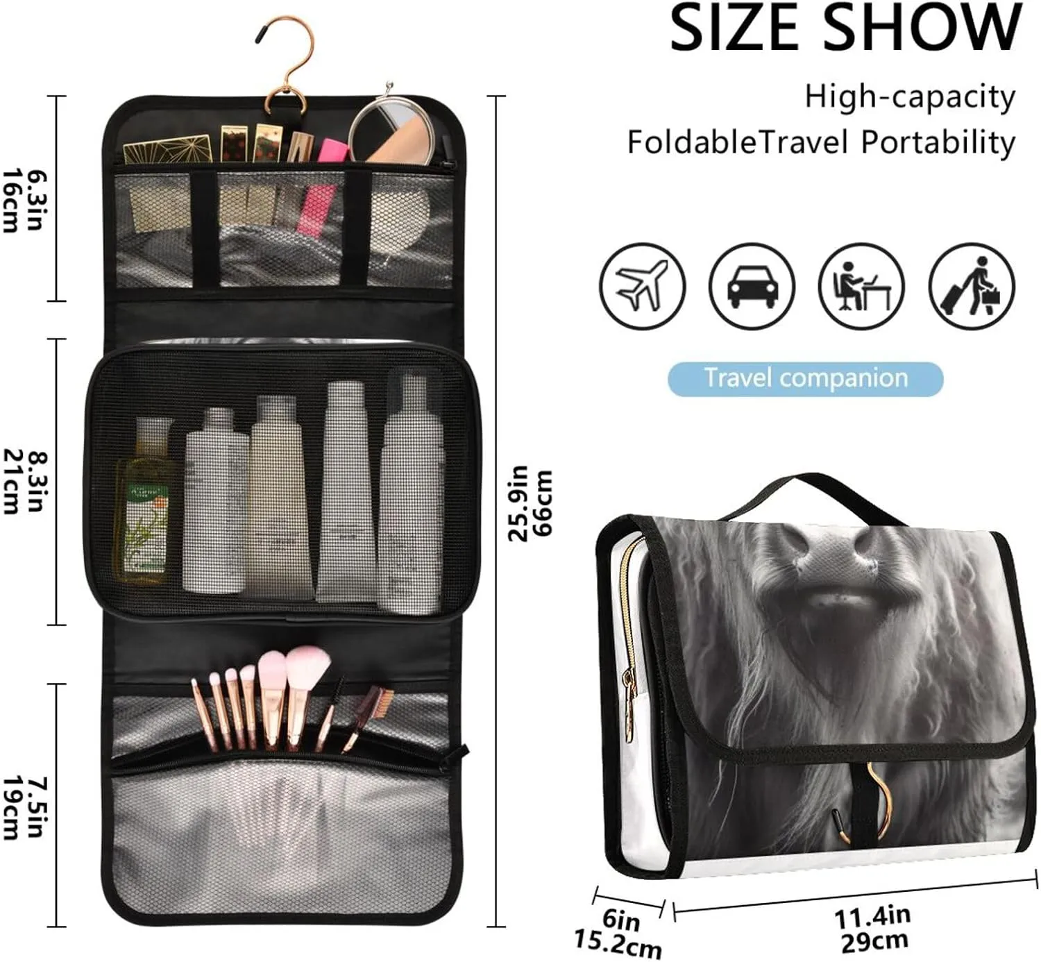 Highland Cow Travel Toiletry Bag Cosmetic Make up Brush Cases Hanging Water-resistant Accessories Organizer for Women 3PCS