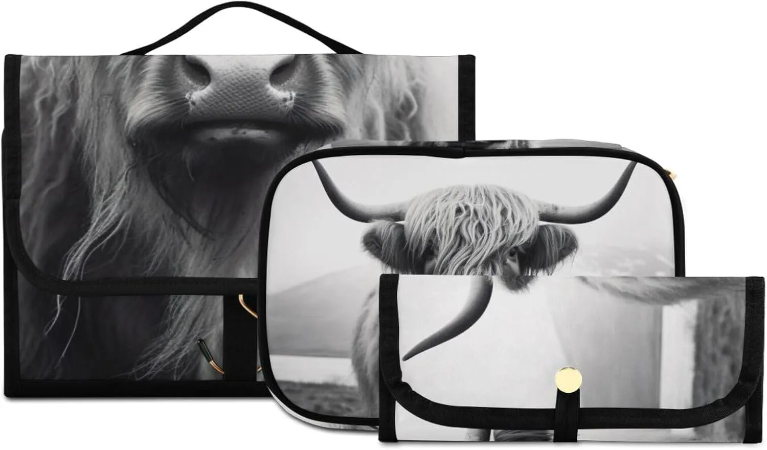 Highland Cow Travel Toiletry Bag Cosmetic Make up Brush Cases Hanging Water-resistant Accessories Organizer for Women 3PCS
