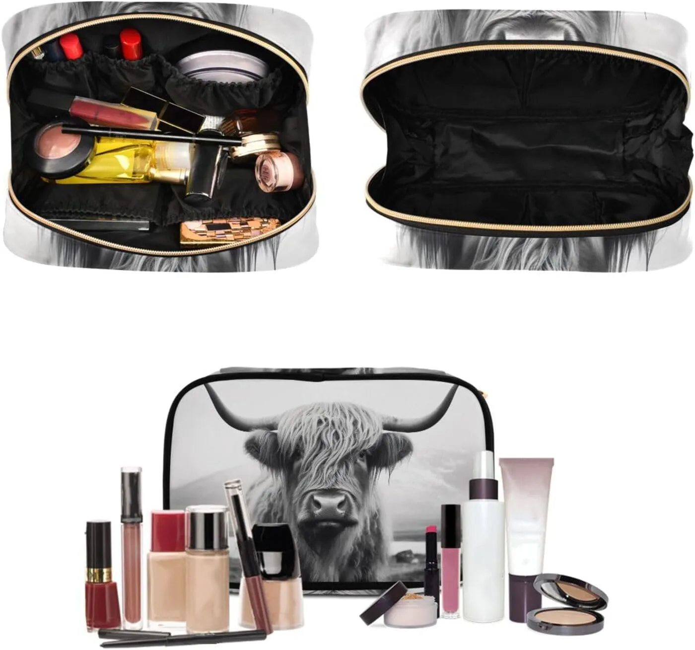 Highland Cow Travel Toiletry Bag Cosmetic Make up Brush Cases Hanging Water-resistant Accessories Organizer for Women 3PCS