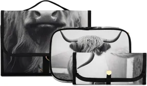 Highland Cow Travel Toiletry Bag Cosmetic Make up Brush Cases Hanging Water-resistant Accessories Organizer for Women 3PCS