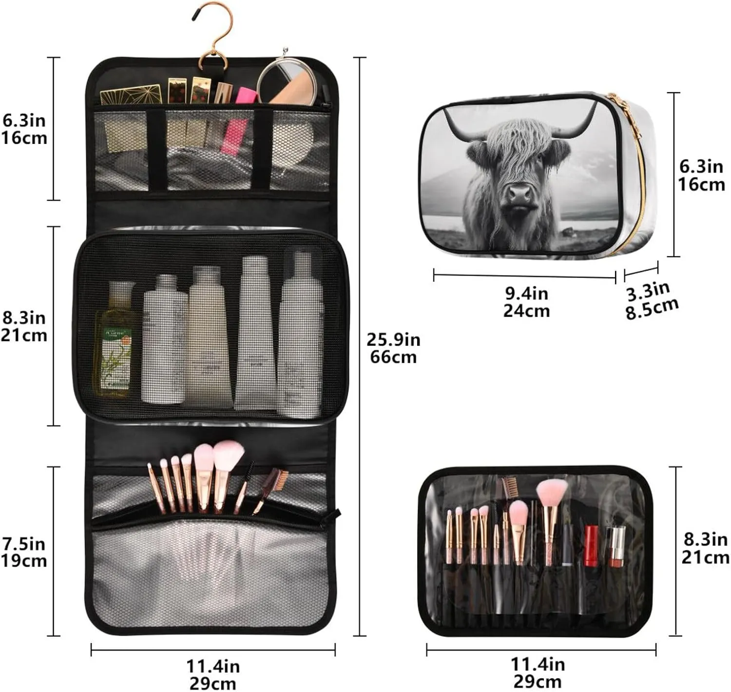 Highland Cow Travel Toiletry Bag Cosmetic Make up Brush Cases Hanging Water-resistant Accessories Organizer for Women 3PCS