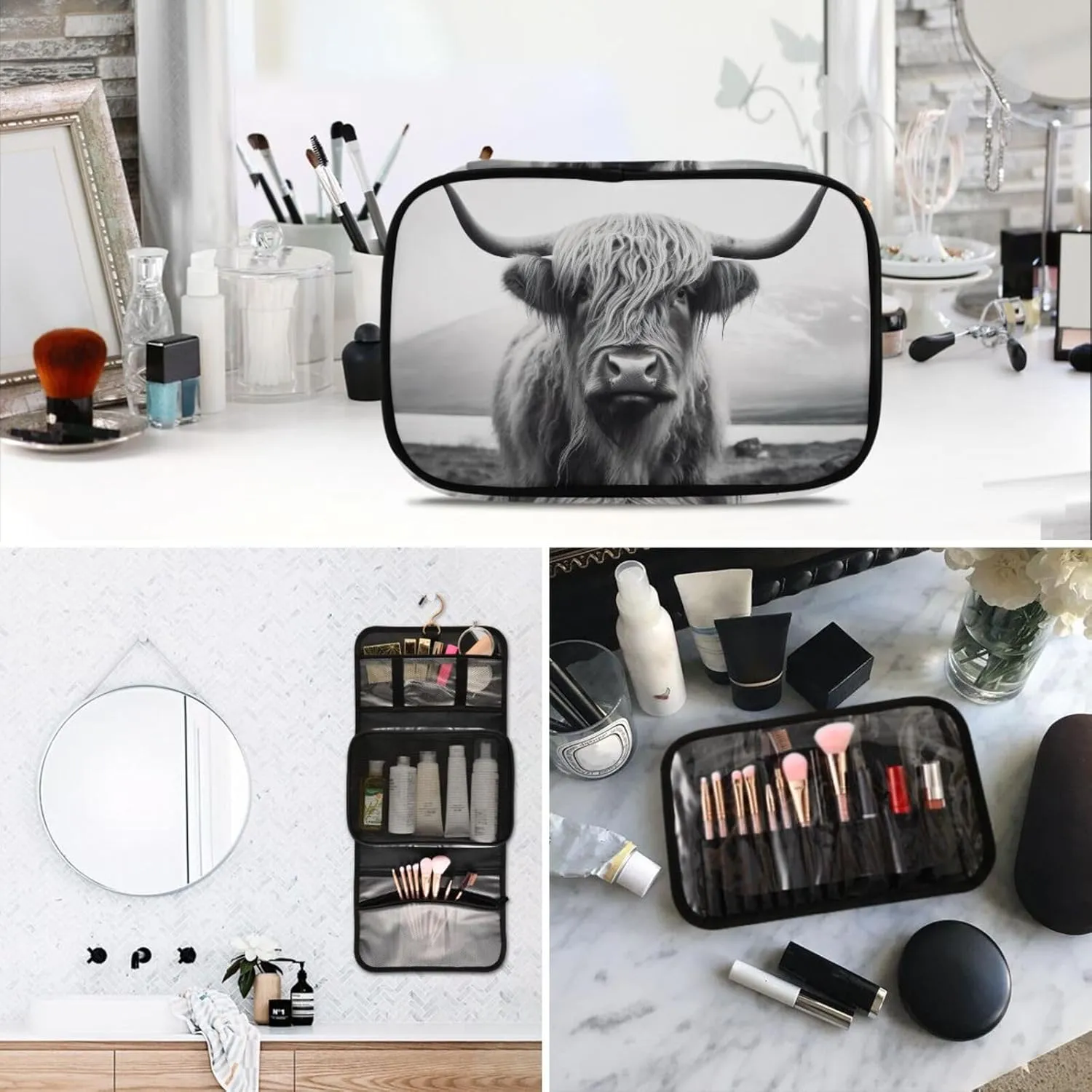 Highland Cow Travel Toiletry Bag Cosmetic Make up Brush Cases Hanging Water-resistant Accessories Organizer for Women 3PCS
