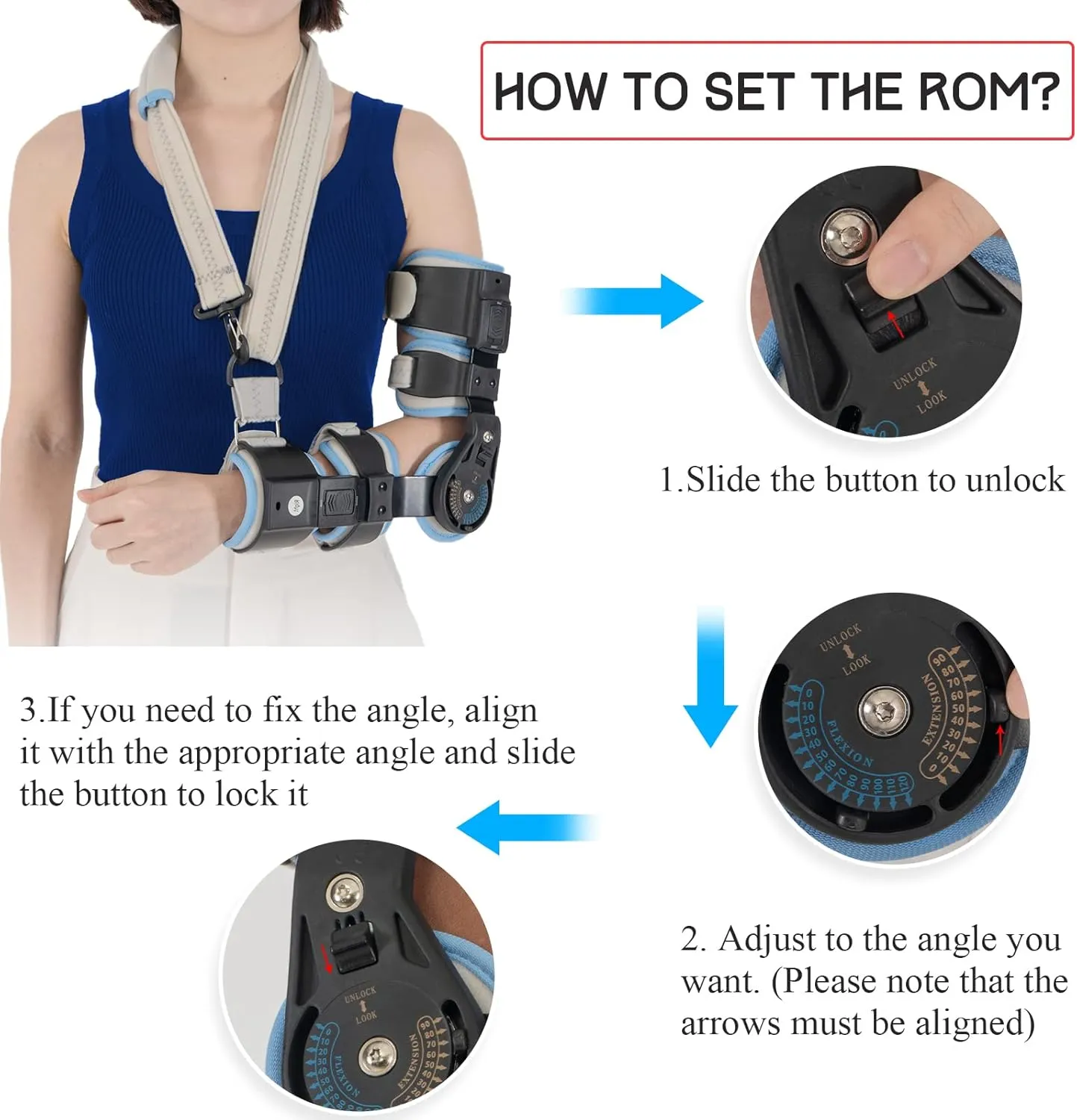 Hinged Elbow Brace ROM Elbow Brace Support with Strap Sling Adjustable Post Op Elbow Stabilizer Splint Arm Injury Recovery Support After Surgery for Dislocated Arm Ligament and Tendon Repairs (Right)