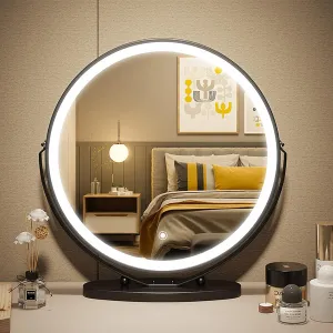 Hollywood Round Makeup Mirror, Free Standing Vanity Table Lighting Large Mirror with Led Light, Tabletop Cosmetic Mirror, 360° Rotation and Touch Dimmable 3 Colors for Bedroom Living Room