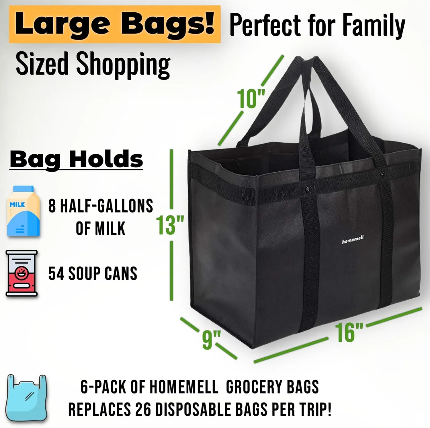 Homemell Heavy Duty Reusable Grocery Bags, Large Collapsible Tote Bag Holds 100 LBS, Extra-Strength Premium Material (Black, 4-Pack)