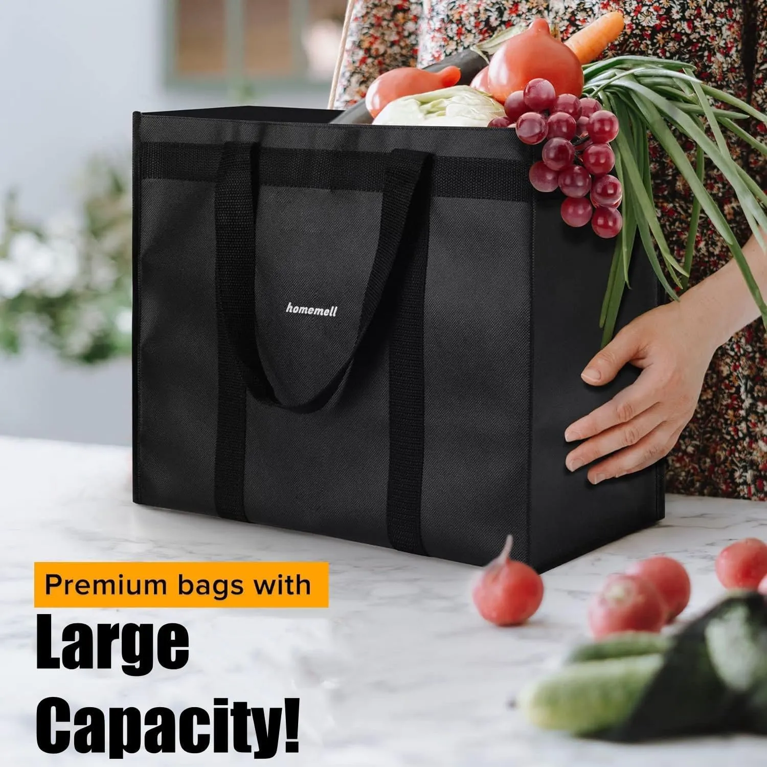 Homemell Heavy Duty Reusable Grocery Bags, Large Collapsible Tote Bag Holds 100 LBS, Extra-Strength Premium Material (Black, 4-Pack)