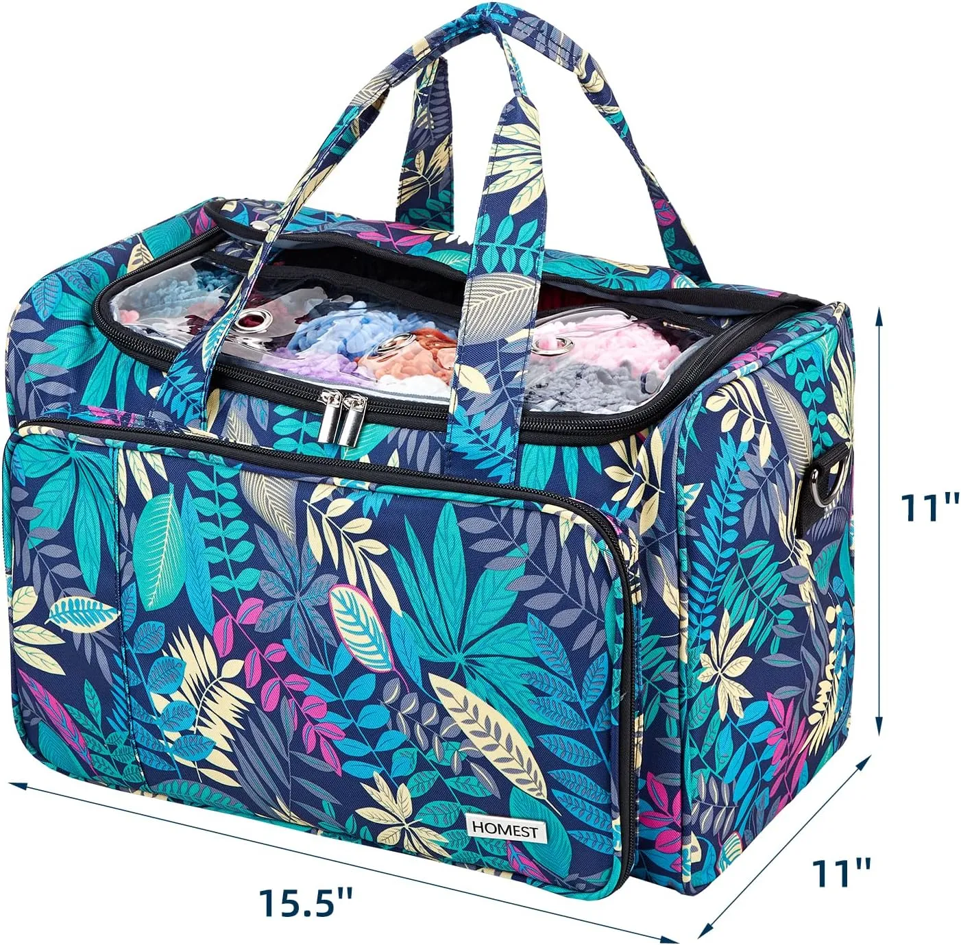 HOMEST XL Yarn Storage Bag, Large Organizer for Crochet Hooks, Needles, Woolen Skeins and Accessories, Knitting Tote with Removable Inner Dividers, Floral