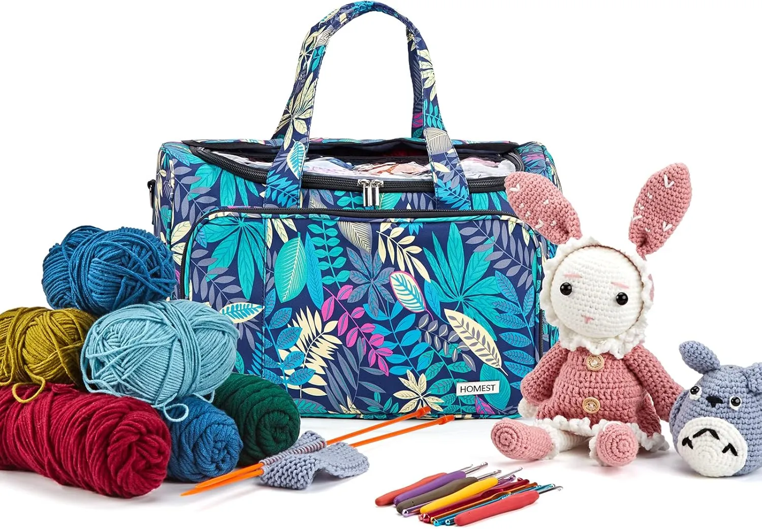 HOMEST XL Yarn Storage Bag, Large Organizer for Crochet Hooks, Needles, Woolen Skeins and Accessories, Knitting Tote with Removable Inner Dividers, Floral