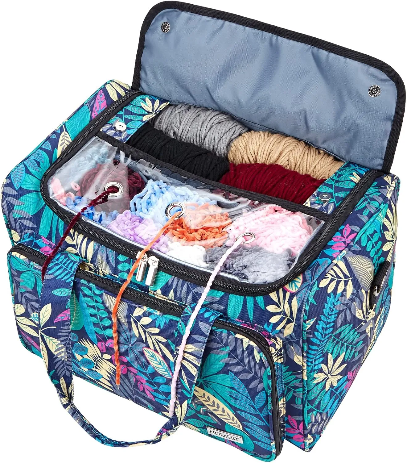 HOMEST XL Yarn Storage Bag, Large Organizer for Crochet Hooks, Needles, Woolen Skeins and Accessories, Knitting Tote with Removable Inner Dividers, Floral