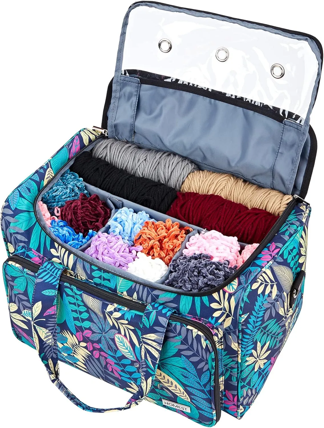HOMEST XL Yarn Storage Bag, Large Organizer for Crochet Hooks, Needles, Woolen Skeins and Accessories, Knitting Tote with Removable Inner Dividers, Floral