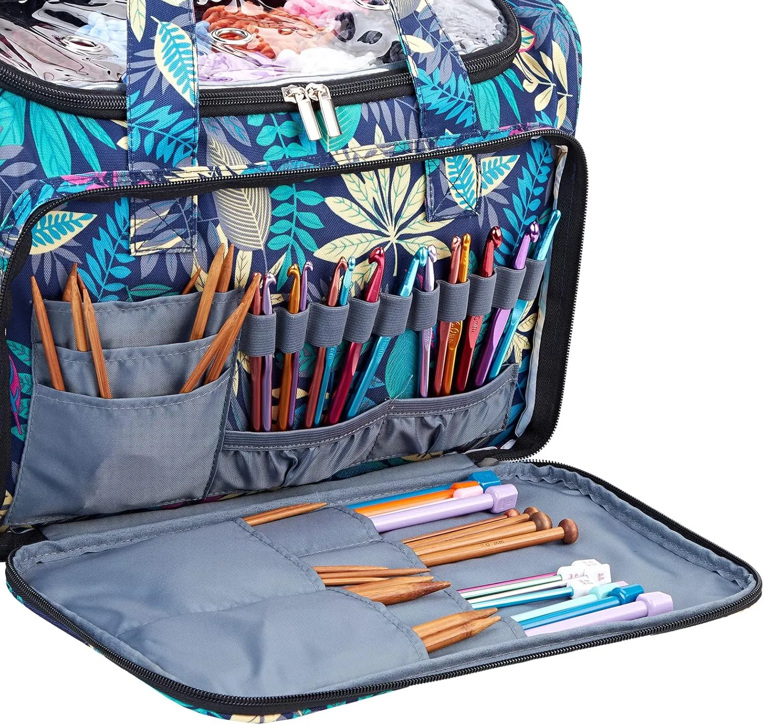 HOMEST XL Yarn Storage Bag, Large Organizer for Crochet Hooks, Needles, Woolen Skeins and Accessories, Knitting Tote with Removable Inner Dividers, Floral