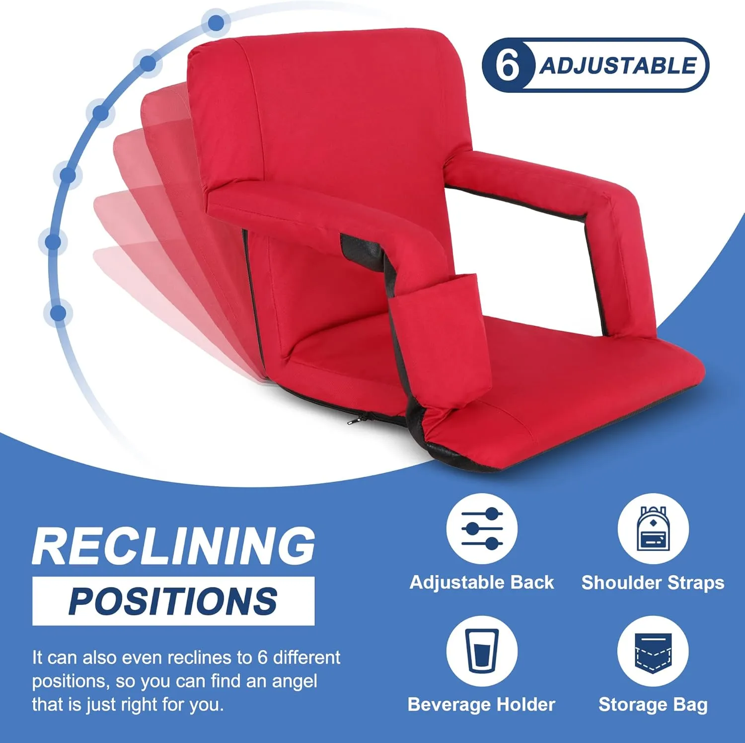 HomGarden Portable Reclining Stadium Seat for Bleachers, Stadium Chair with Padded Back Support Armrests and Cushion Wide for Sport Events, 6 Recline Positions