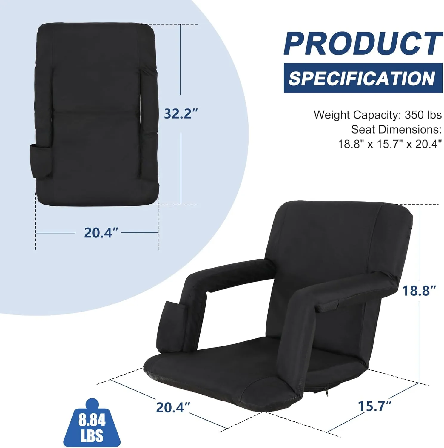 HomGarden Portable Reclining Stadium Seat for Bleachers, Stadium Chair with Padded Back Support Armrests and Cushion Wide for Sport Events, 6 Recline Positions